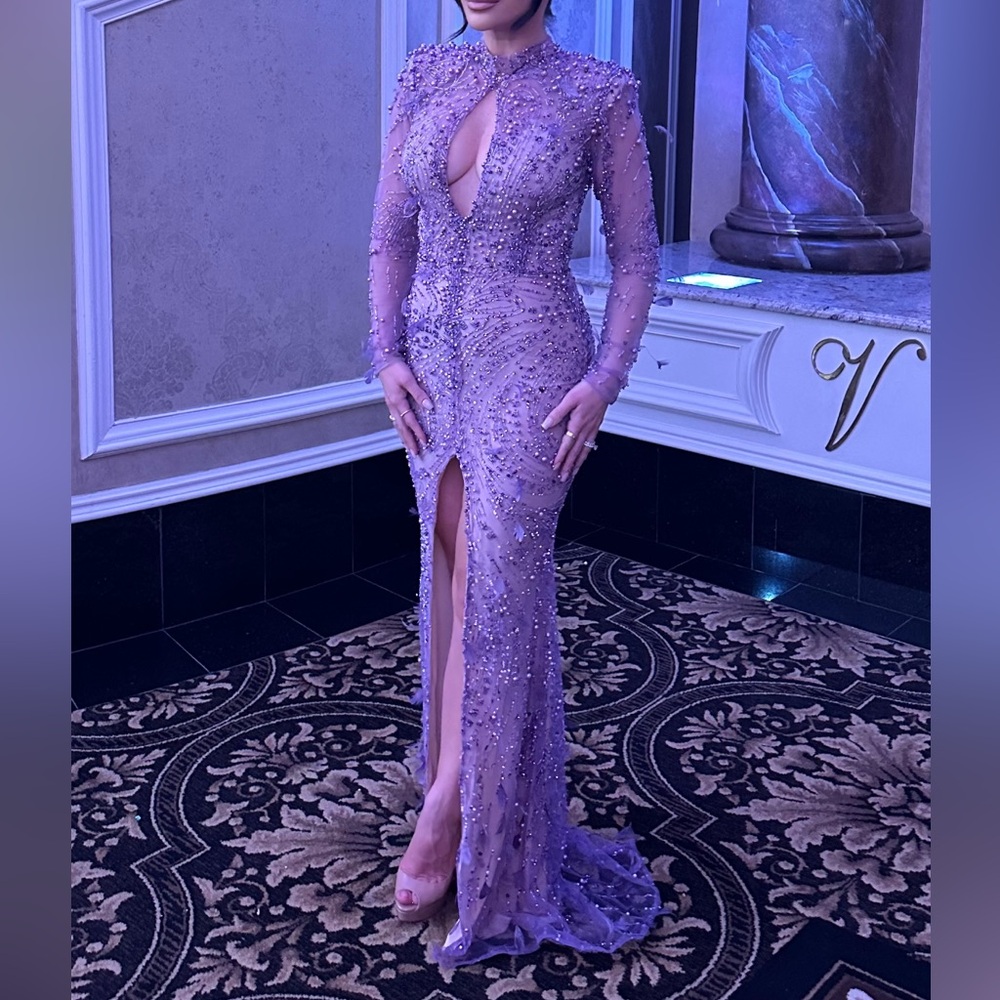 Pink Long Sleeve Mock Neck Gown for Wedding Guest